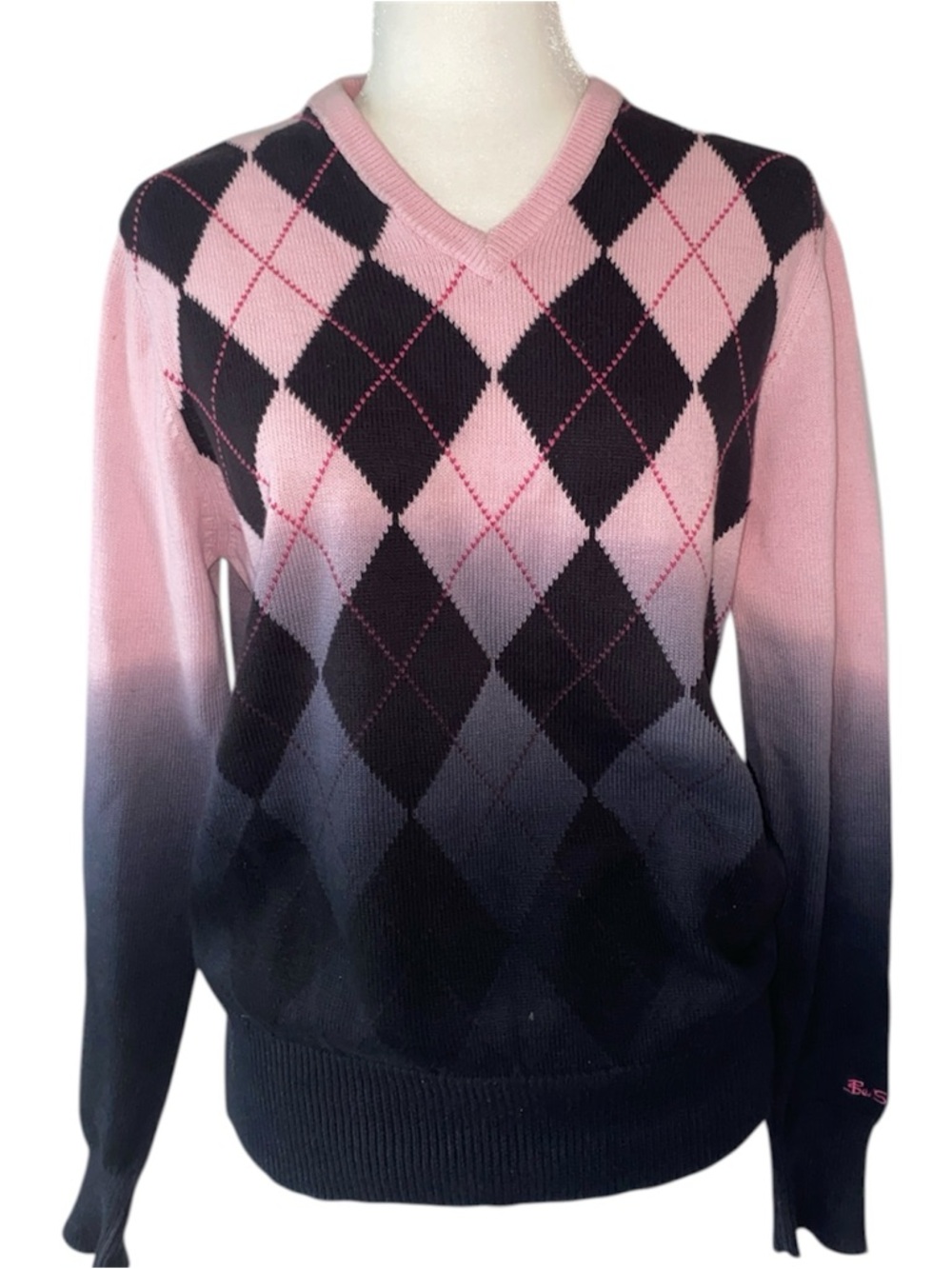 Ben Sherman Ombré Pink and Black Argyle V-Neck Sweater